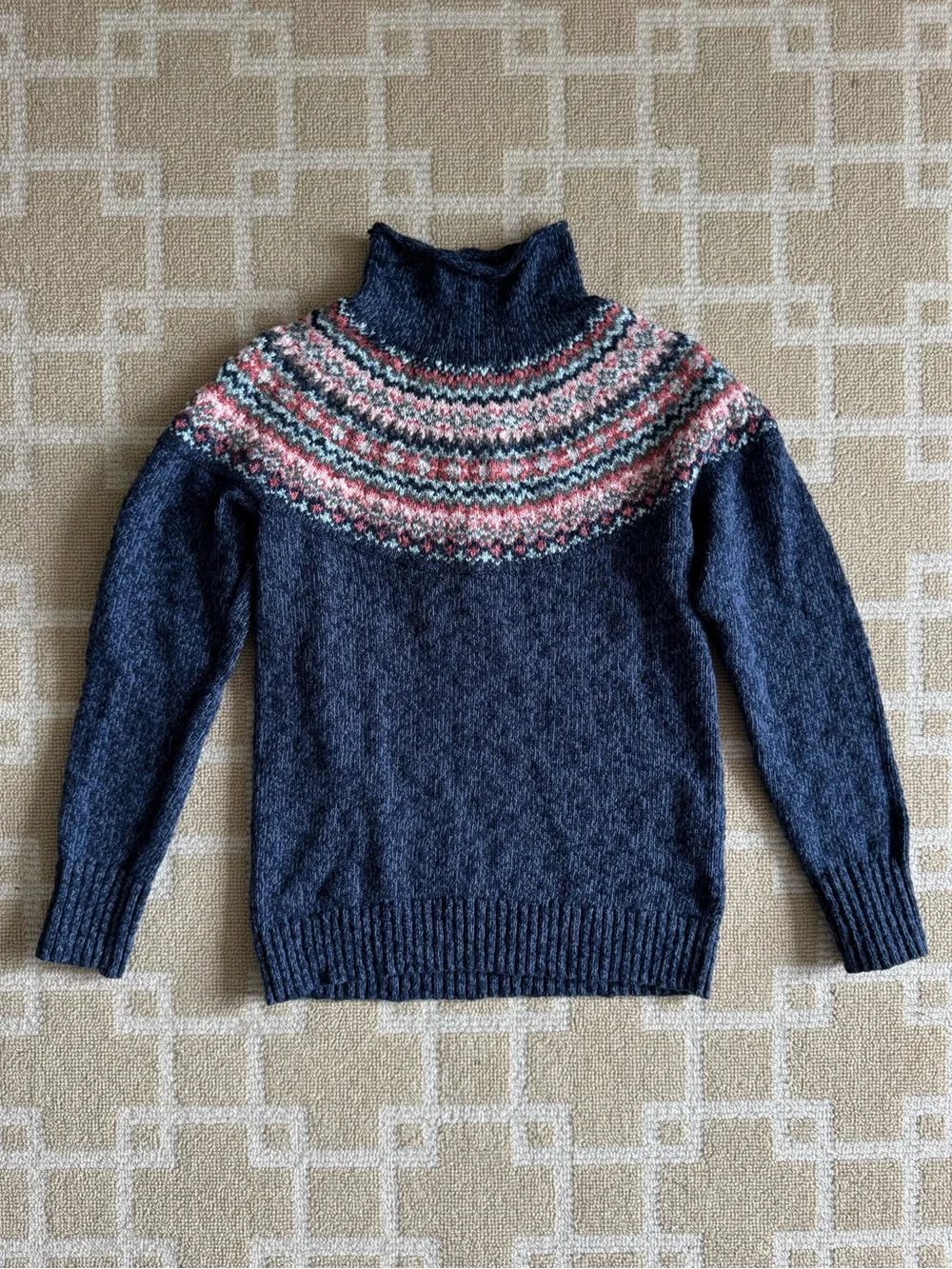 L.L. Bean Cotton Fair Isle Mock Turtleneck Sweater Navy Nordic XS